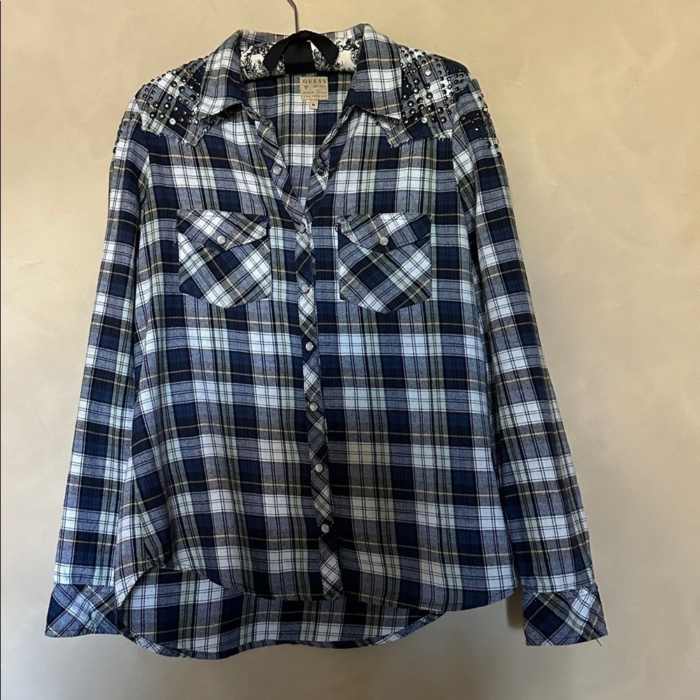 GUESS Flannel Button Pearl Snap Shirt Blue Plaid Rhinestones Women's Meduim